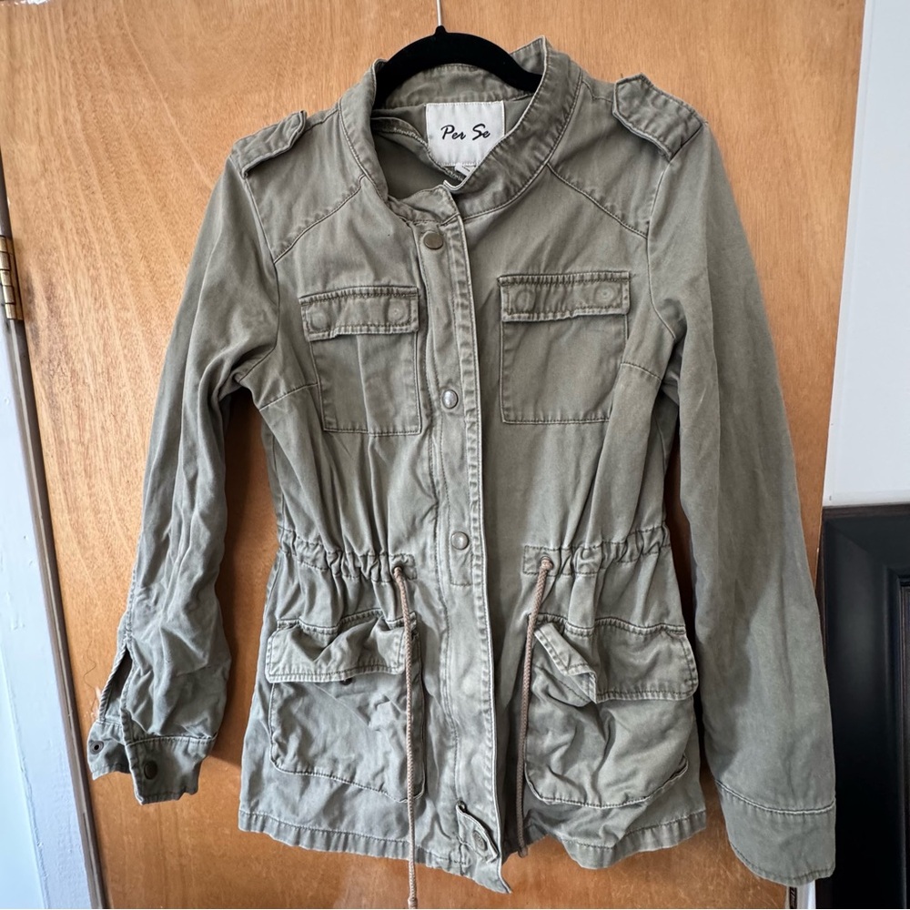 Per Se Womens Olive Green Utility Military Jacket Cinched Waist Small